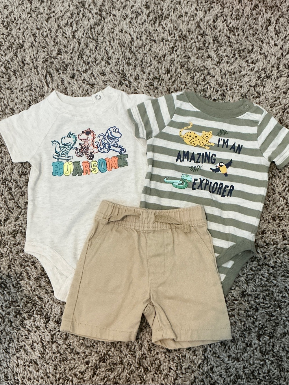 Roarsome and Amazing Explorer Bodysuit set with khaki shorts